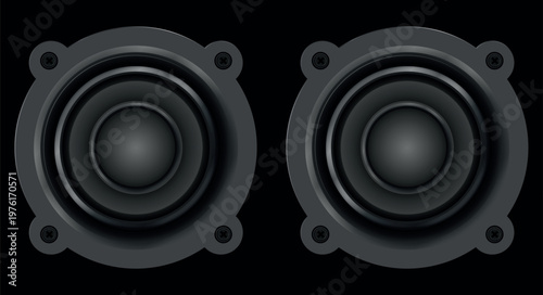 Two realistic speakers on black background, audio sound system, stereo loudspeakers vector