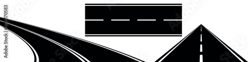 Perspective roadways straight and curved paths with lane markings. Vector on white background