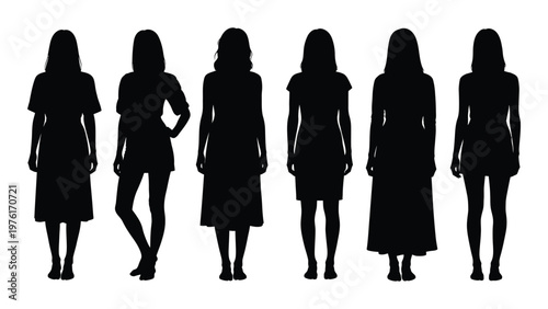 Silhouettes of six women standing in a row varying in dress and pose