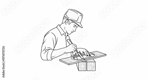 A focused craftsman wearing a cap meticulously carves a shape into wood