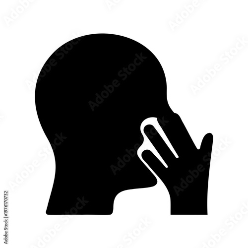 Black silhouette head, hand covering mouth, secretive gesture, communication symbol, vector icon