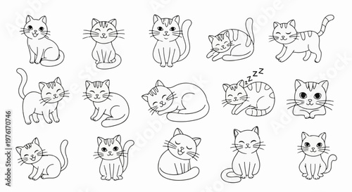 A collection of cute, hand-drawn cats in various playful poses, black and white
