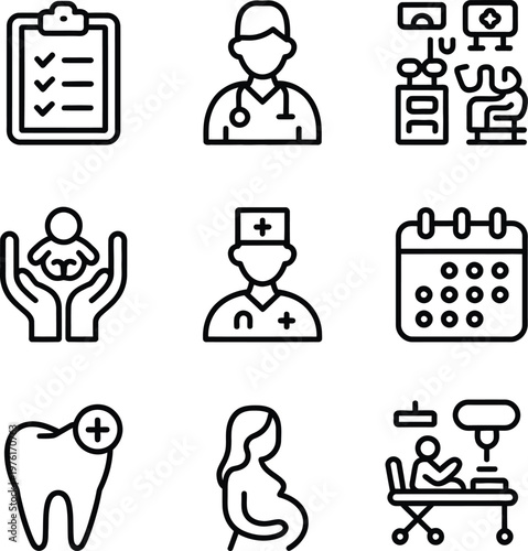 Essential icons representing various aspects of healthcare services and medical care
