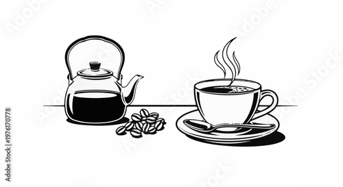 A black and white illustration of a teapot, coffee beans, and a steaming cup of coffee