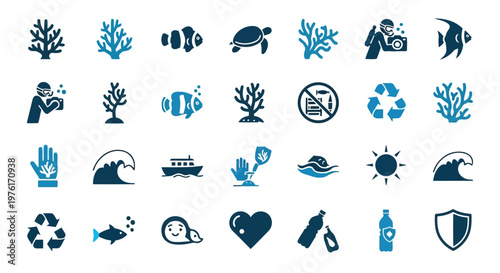 Icons representing various themes of ocean conservation and marine life awareness Vector