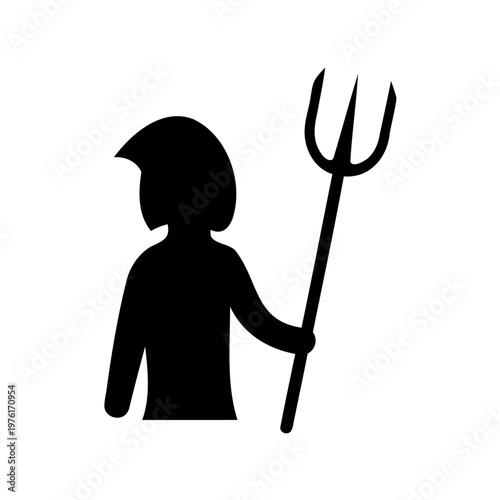Black silhouette devil icon, evil character symbol, prickly pitchfork illustration, simple monochrome graphic