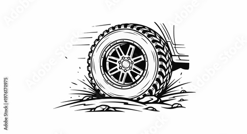 A black and white illustration of a vehicle's off-road tire kicking up dirt and rocks
