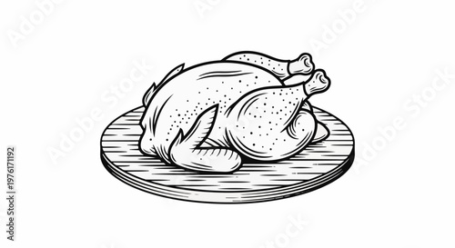 A black and white illustration of a whole roasted chicken presented on a wooden platter