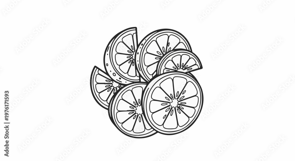 Fototapeta premium A black and white illustration of sliced citrus fruits in a pile
