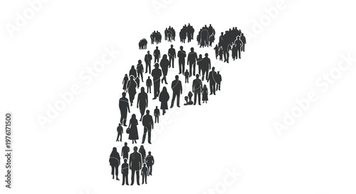 Growing crowd of silhouetted figures forming an upward trajectory shape. Vector