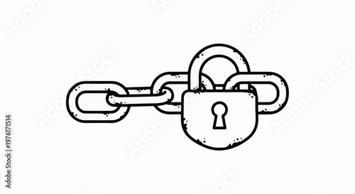 A black and white outline of a locked padlock attached to a chain