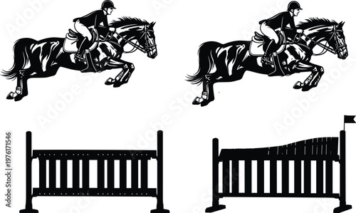 Equestrian jumping horse silhouettes, rider obstacle competition, show jumping fence set, horse racing sport illustration black white isolated design