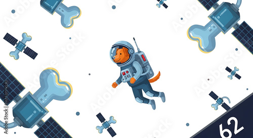 A cartoon dog in a spacesuit floats among satellites in space