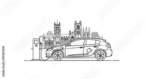A black and white illustration of an electric car charging in a city