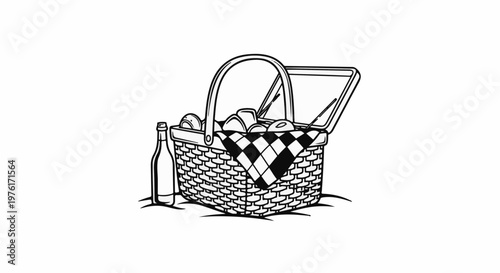A black and white illustration of an open picnic basket filled with bread and a bottle of drink