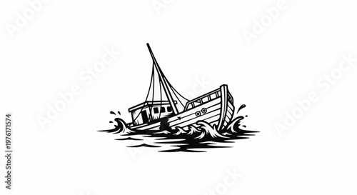A black and white illustration of a wooden boat capsizing in rough, choppy water