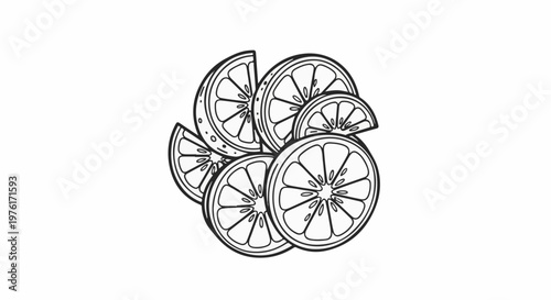 A black and white illustration of sliced citrus fruits in a pile