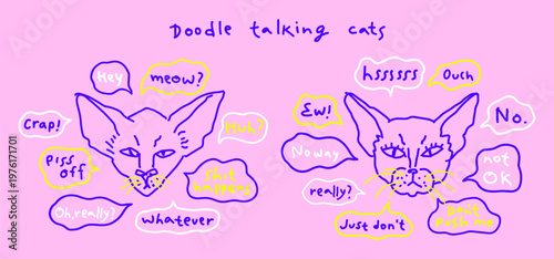 Doodle hand drawn funny cat heads outline drawings set, speech bubbles with interjections, sarcastic teenage exclamations. Uneven imperfect line naive linear childlike playful style handlettering.