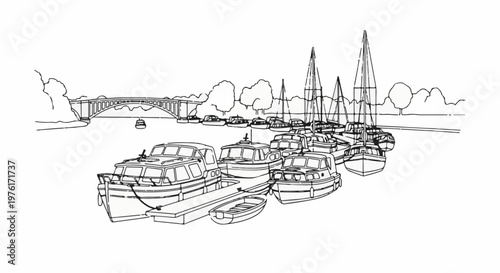 A black and white sketch of a busy marina with many boats docked