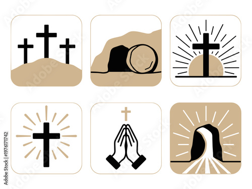 Easter religious symbols and Christian resurrection concept, minimalist flat vector illustration set