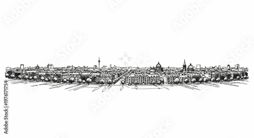 A black and white sketch of a city skyline with a central boulevard and distant tower