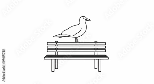 A black and white line drawing depicts a seagull perched on a wooden park bench