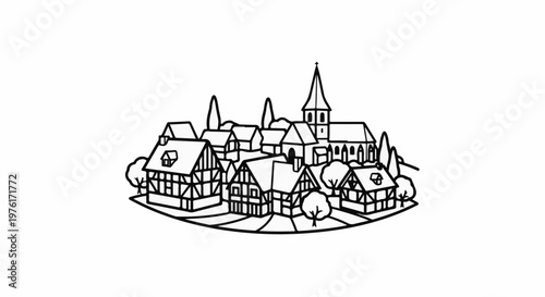 A black and white line drawing depicts a quaint village with traditional timbered houses and a church