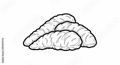 A black and white line drawing depicts a small pile of croissants