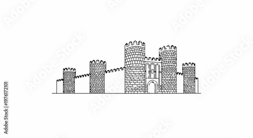 A black and white sketch of a medieval stone castle with turrets