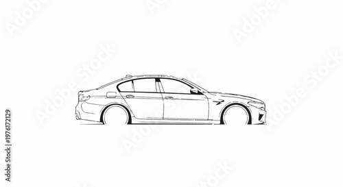 A black and white sketch of a modern sedan car's side profile