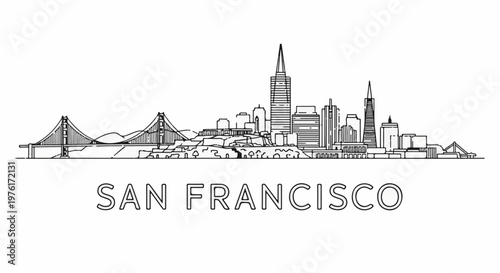 A black and white line drawing of a city skyline, featuring a prominent bridge and skyscrapers