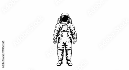 A full-body illustration of an astronaut in a spacesuit, depicted in black and white