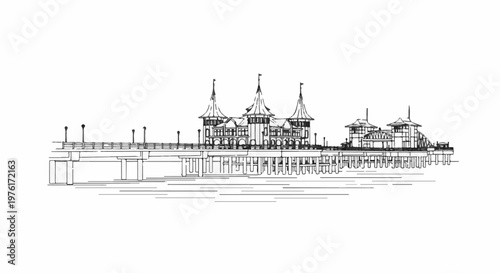 A black and white sketch of a pier with multiple buildings and towers