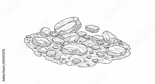 A black and white line drawing of a collection of scattered stones and pebbles