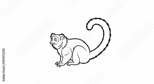 A black and white line drawing of a furry primate with large eyes and a bushy tail