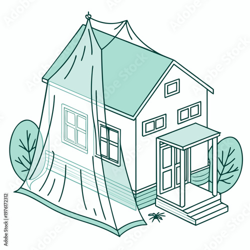 House fumigation process with protective tent cover for professional pest control and termite treatment service isolated on white for advertising.