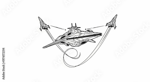 A futuristic battle scene depicts a central spacecraft dodging attacks from two smaller vehicles