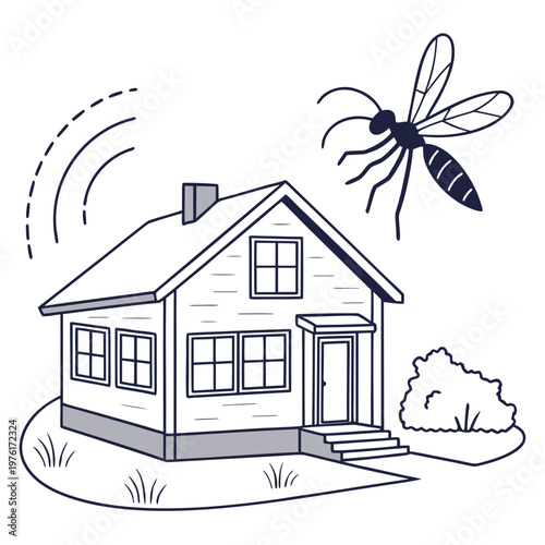 Modern house with ultrasonic pest repellent waves and giant mosquito to illustrate effective domestic insect control and property security services.