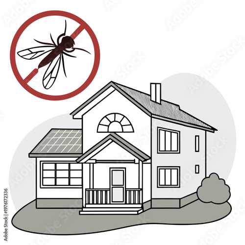 House pest control vector illustration with prohibited mosquito sign for home protection and insect repellent service branding isolated on white.