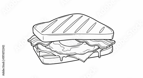 A black and white line drawing of a grilled sandwich with melted cheese