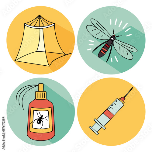 Medical vector icons for malaria awareness featuring mosquito protection tent and vaccine syringe with bug repellent spray bottle on round backgrounds.