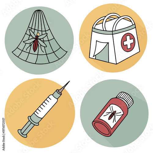 Four round icons depicting mosquito net, medical bag, syringe, and mosquito repellent bottle on colored backgrounds.