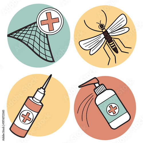 Infection control set showing mosquito netting with cross icon plus repellent spray and medical injection syringe for global health safety measures.