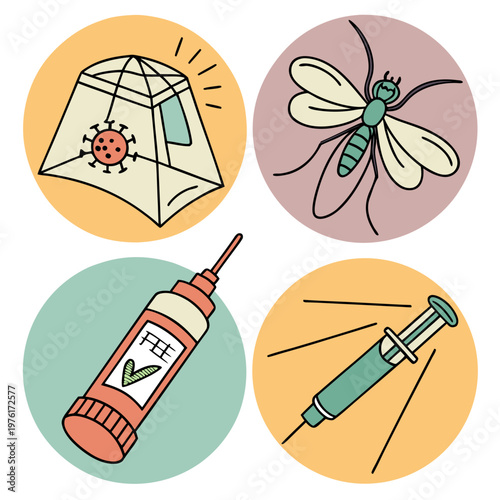 Tropical disease prevention illustrations featuring mosquito net trap for virus plus syringe tool and medical repellent bottle for health protection.