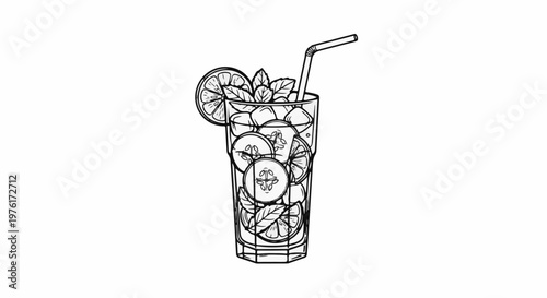 A black and white sketch of a tall glass filled with ice, citrus slices, and mint