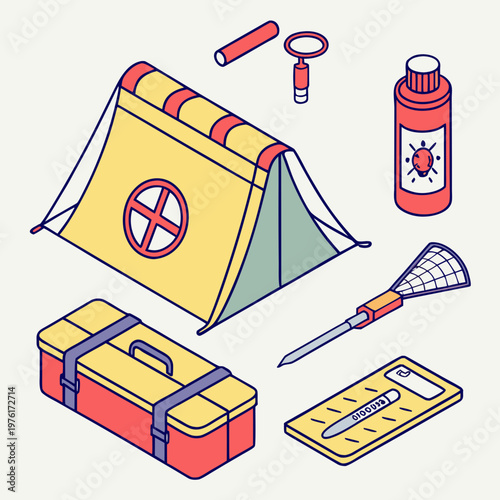 Camping tent with medical supplies and insect repellent in isometric style for malaria prevention and outdoor safety illustration on light background.