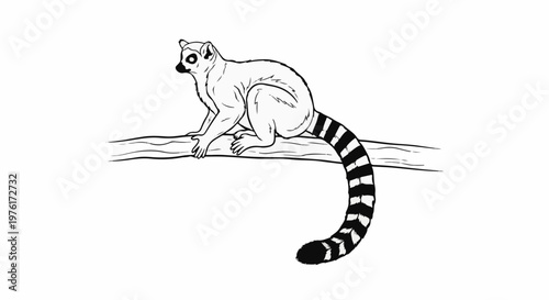 A black and white line drawing of a lemur with a striped tail on a branch