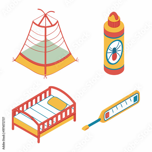Malaria prevention isometric vector icons featuring mosquito net bed and liquid repellent with thermometer for tropical disease protection concept.