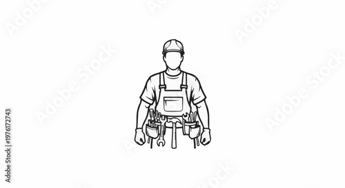 Simple line drawing of a person wearing overalls and a hard hat