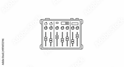 Simple line drawing of a multi-channel audio mixing console with sliders and knobs